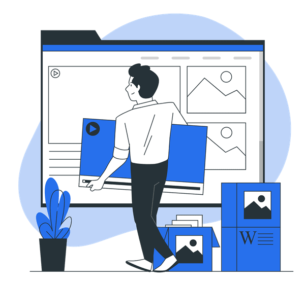 Illustration of man placing a video on top of a website wireframe surrounded by image icons