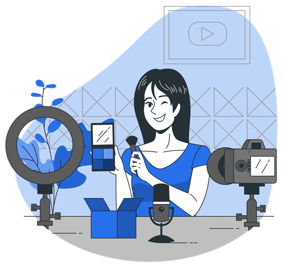 Illustration of woman content creator with video recording and podcasting equipment