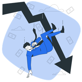 Illustration of man in business suit falling off an arrow with dollar signs around him