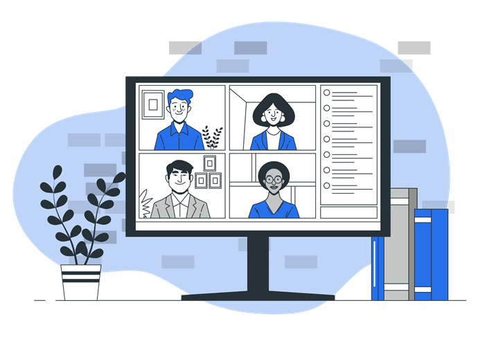 Illustration of video call with 4 people displayed on a monitor
