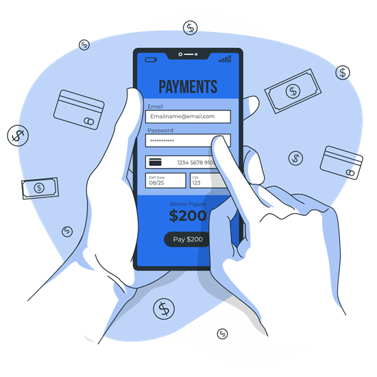 Illustration of hands entering payment details on a phone checkout form