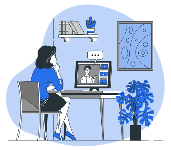 Illustration of woman at a desk watching an on-demand course